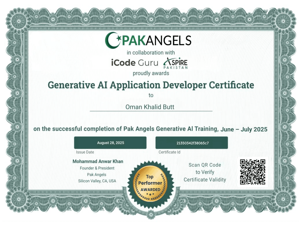 Generative AI Application Developer Certificate — Top Performer